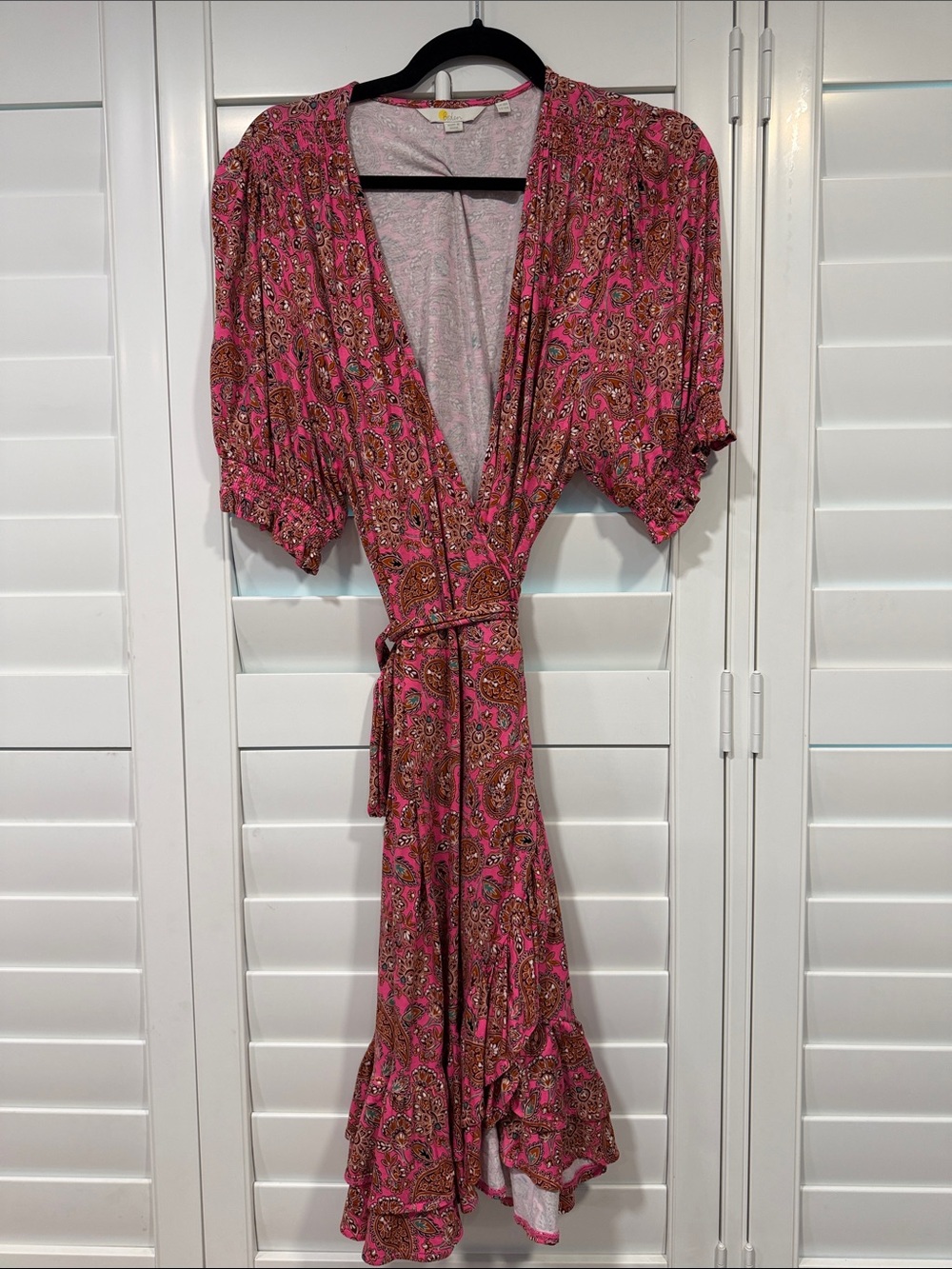 Boden Pink Paisley Wrap  Dress with Ruffle Hem
